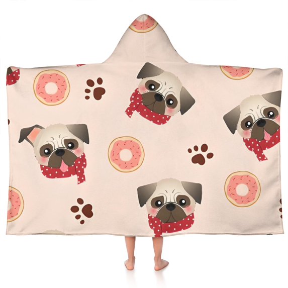 Pug and Donut Hooded Bath Towel,50"x30" for Ages 3 To 12 Kids, Quick Dry Lightweight Soft Microfiber Hood Beach Towel Cover Up for Kids