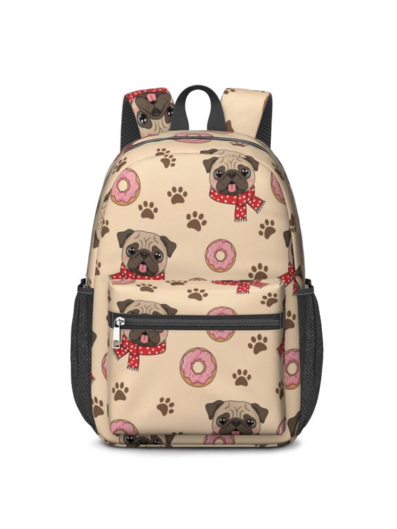 Pug and Donuts Pink Pattern 17" School Backpacks for Teens,Waterproof Oxford Fabric,S-Shape Padded Straps for School,Travel,Hiking,Camping