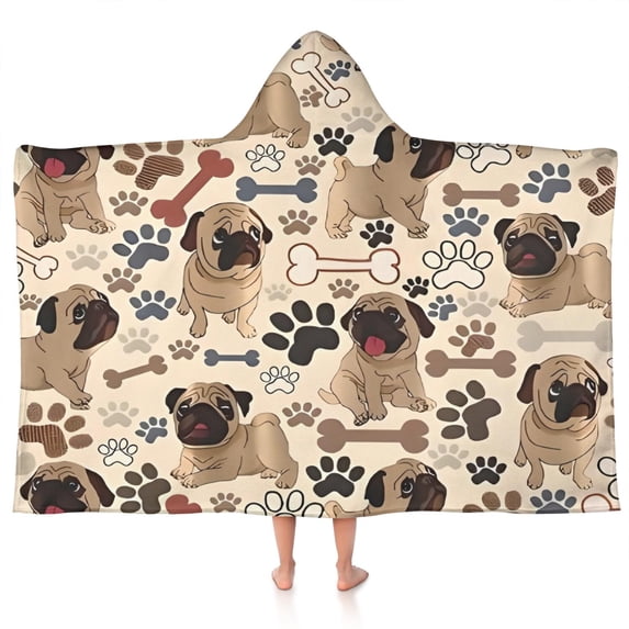 Pug and Footprint Hooded Bath Towel,50"x30" for Ages 3 To 12 Kids, Quick Dry Lightweight Soft Microfiber Hood Beach Towel Cover Up for Kids