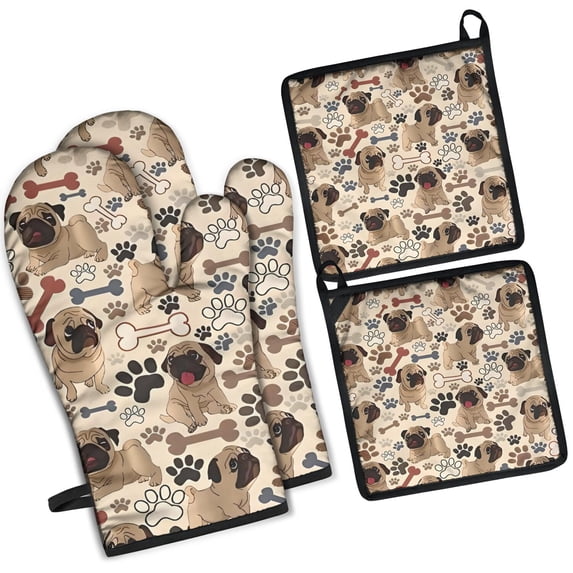 Pug and Footprint Kitchen Oven Mitt and Pot Holder Sets 2 Pcs for Baking, Cooking and Grilling, Heat Resistant Up To 392 °F