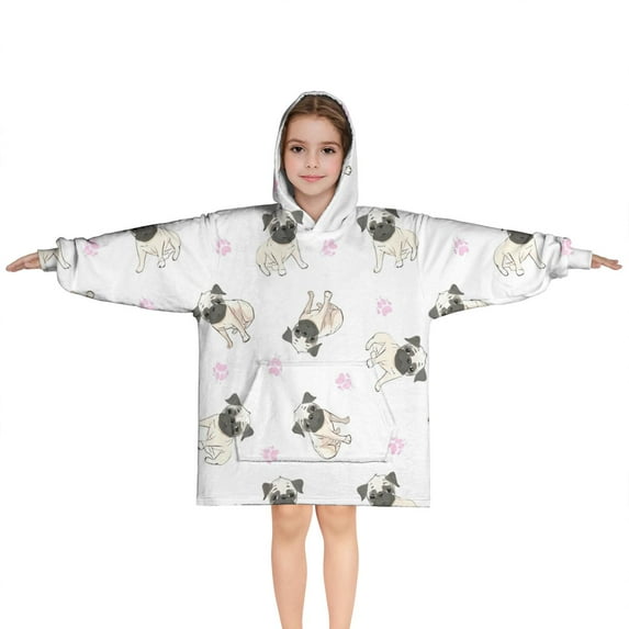 Pug and Footprints Blanket Hoodies for Kids 6-13YR Oversize Wearable Blanket Hoodies for Boys Girls Teens