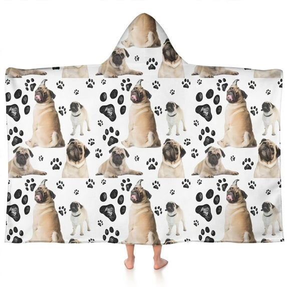 Pug and Footprints Hooded Bath Towel,60"x35" for Ages 3 To 12 Kids, Quick Dry Lightweight Soft Microfiber Hood Beach Towel Cover Up for Kids