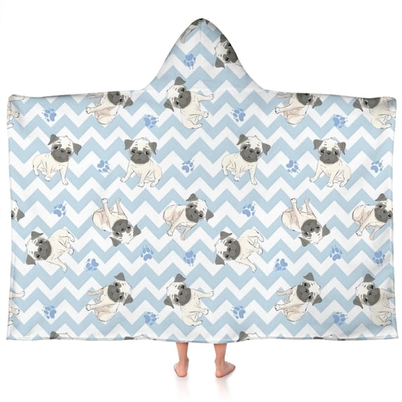 Pug and Footprints Hooded Bath Towel,60"x35" for Ages 3 To 12 Kids, Quick Dry Lightweight Soft Microfiber Hood Beach Towel Cover Up for Kids