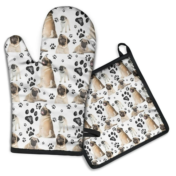 Pug and Footprints Kitchen Oven Mitt and Pot Holder Sets 2 Pcs for Baking, Cooking and Grilling, Heat Resistant Up To 392 °F