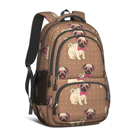 Pug and Glasses Brown Pattern Backpack for School, Cute School Bag with Adjustable Shoulder Straps and Padded Back, 16.9"x12.6"x5.9"