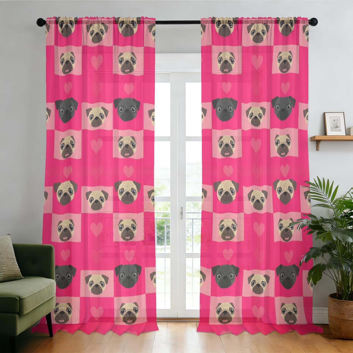 English Red Pattern Pug and Heart Red Pattern Sheer Curtains, Rod Pocket Sheer Drapes with ...