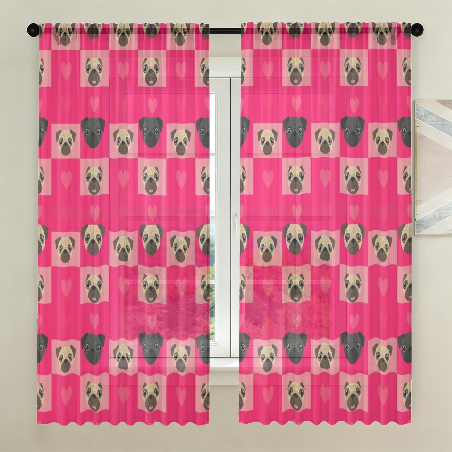 English Red Pattern Pug and Heart Red Pattern Sheer Curtains, Rod Pocket Sheer Drapes with ...