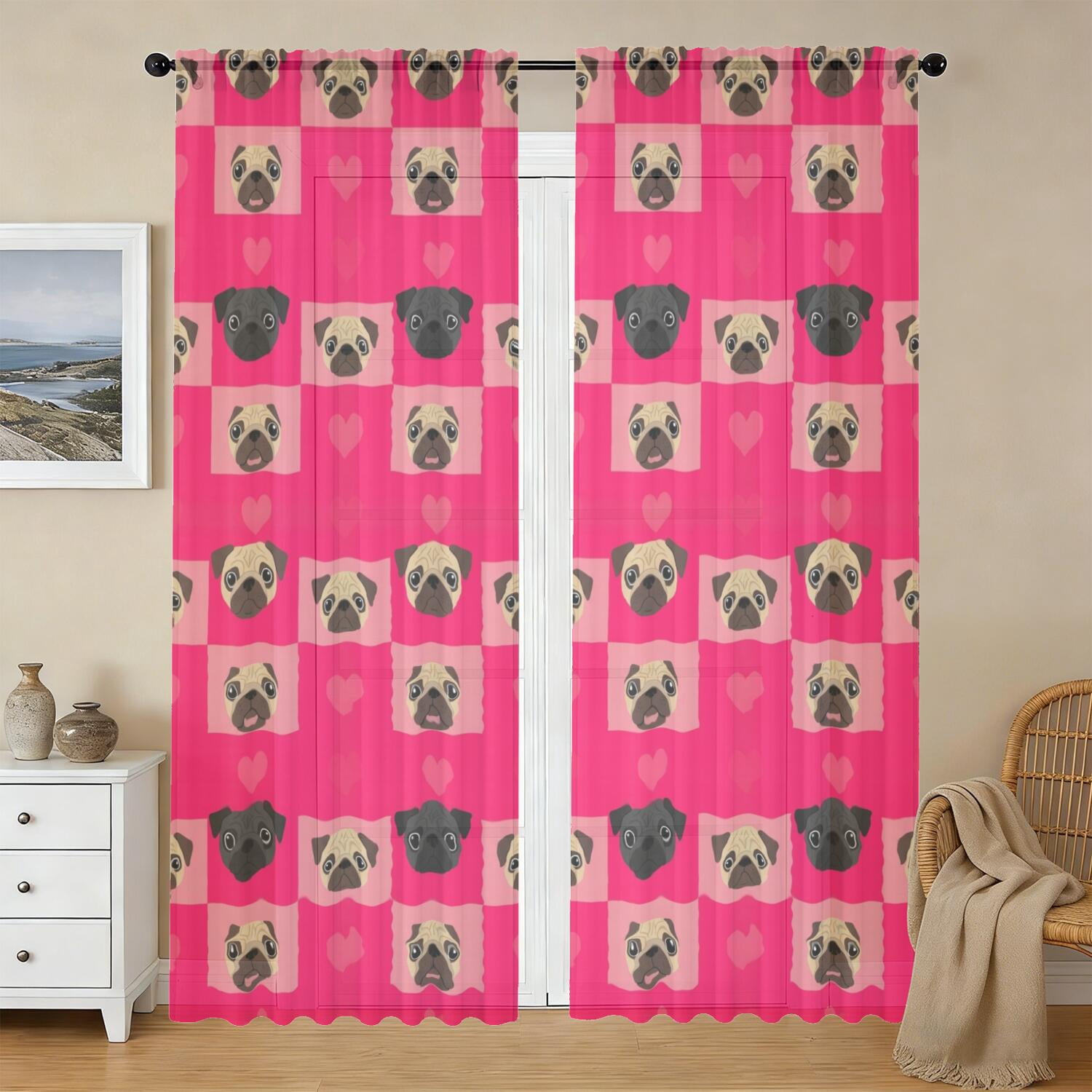 English Red Pattern Pug and Heart Red Pattern Sheer Curtains, Sheer Curtain Panels with ...