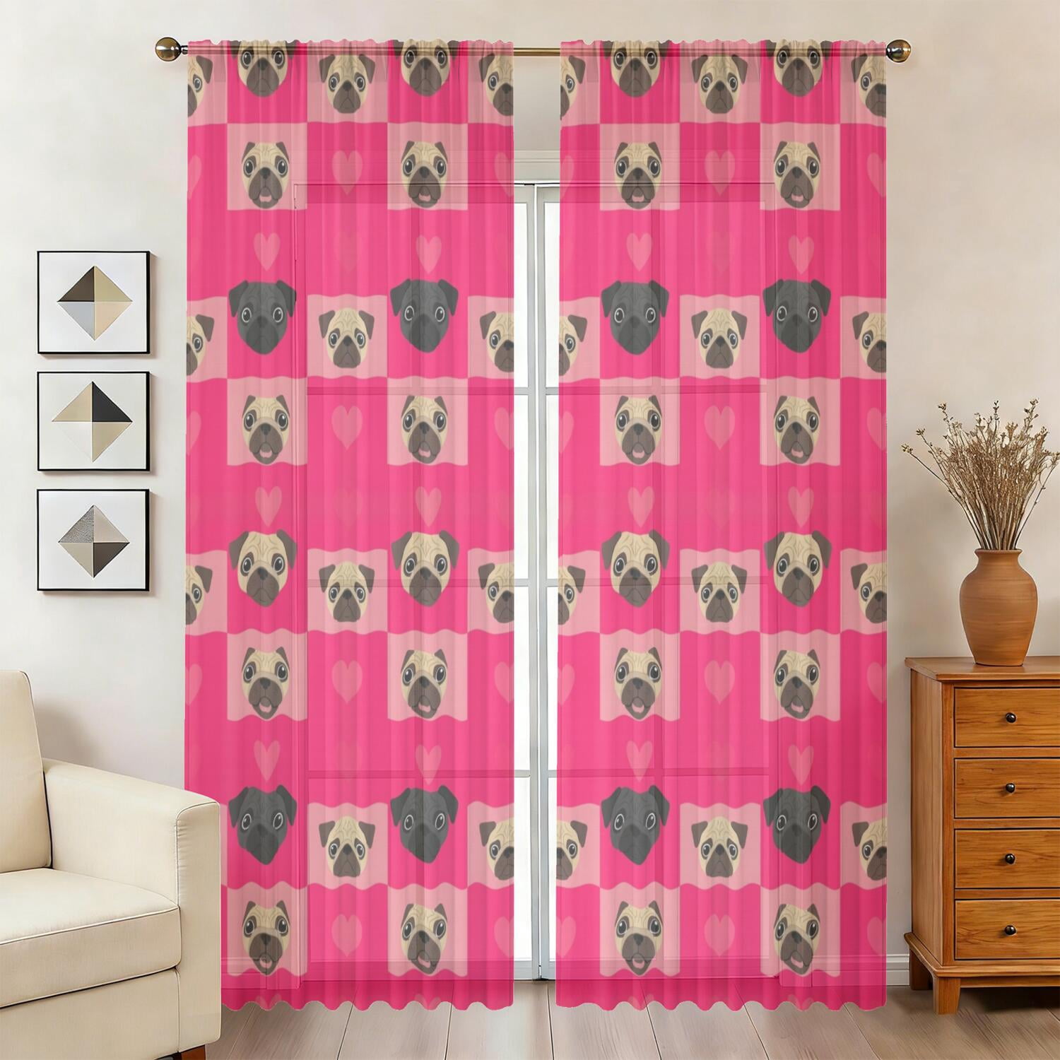 English Red Pattern Pug and Heart Red Pattern Sheer Curtains, Voile Drapes with Dual Rod ...