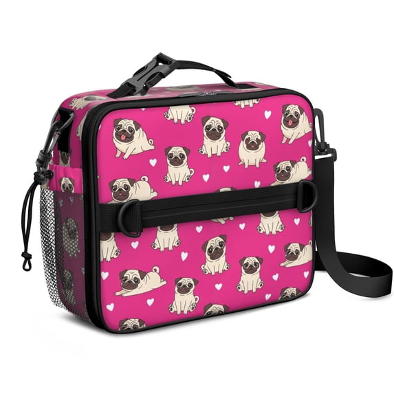 Pug and Hearts Pink Pattern Insulated Lunch Bag with Shoulder Strap and Bottle Holder,Bento School Lunch Bag Box,11x9.5x3.5 Inches