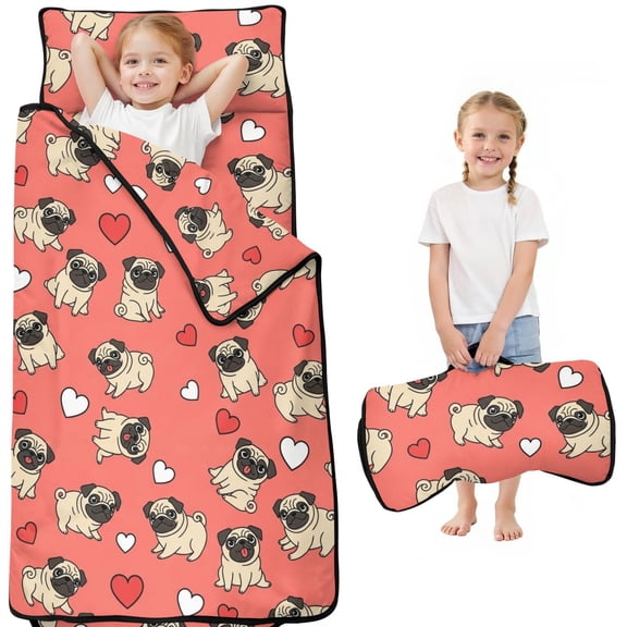 Pug and Hearts Pink Pattern Teens Toddler Nap Mat with Pillow, Sleeping Mat Bag for Preschool Daycare 50"x20"