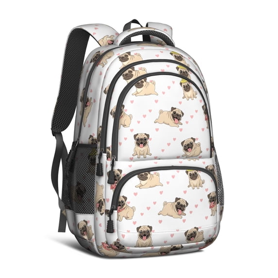 Pug and Hearts White Pattern Cute School Backpack Bag with Padded Back and Adjustable Shoulder Straps 16.9 X 12.6 X 5.9 Inches
