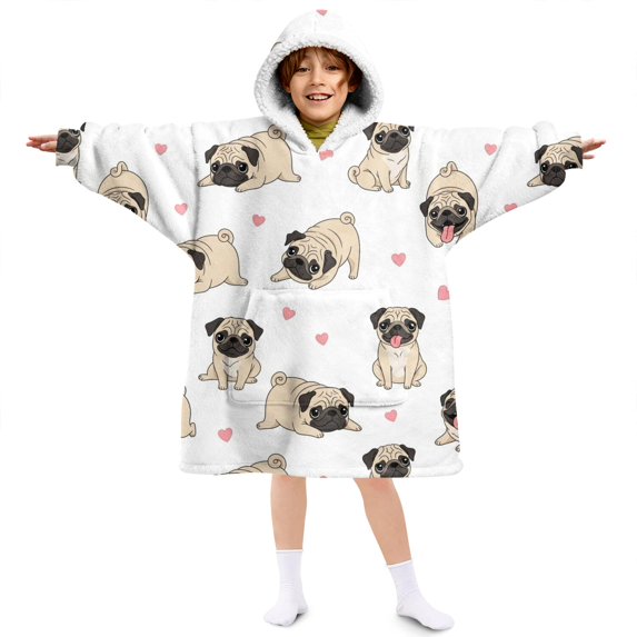 Pug and Hearts White Pattern Lamb Fleece Blanket Hoodies for Teens ,Teens Oversize Sherpa Wearable Hooded Blanket Sweatshirt with Super Pockets