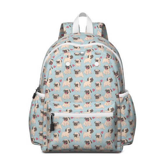 Pug and Love Heart Backpack for School,Cute School Bag,Schoolbag with Adjustable Shoulder Straps & Padded Back,13.4"x11"x4.7"