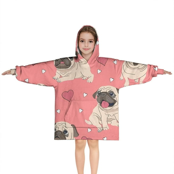 Pug and Love Heart Blanket Hoodies for Kids 6-13YR Oversize Wearable Blanket Hoodies for Boys Girls Teens