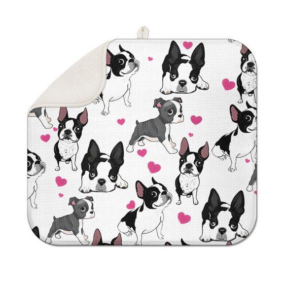 Pug and Love Heart Dish Drying Mat for Kitchen 1 Pack, Ultra Absorbent Microfiber Dishes Drainer Mats,16"x18"