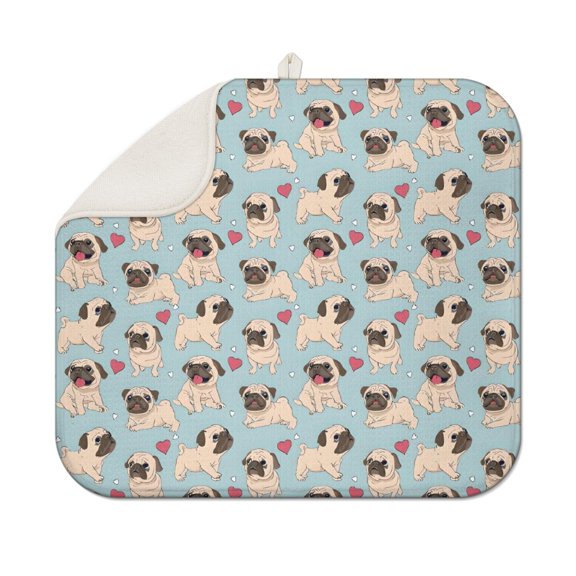 Pug and Love Heart Dish Drying Mat for Kitchen 1 Pack, Ultra Absorbent Microfiber Dishes Drainer Mats,16"x18"