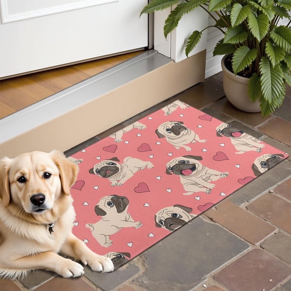 Pug and Love Heart Door Rugs,Washable Non Slip Door Mats Indoor,Decorative Door Mats,Entry Mat Indoor for Entrance,Bedroom,Kitchen,Bathroom,16"x24"