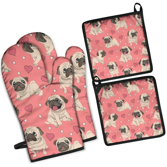 Pug and Love Heart Kitchen Oven Mitt and Pot Holder Sets 4 Pcs for Baking, Cooking and Grilling, Heat Resistant Up To 392 °F