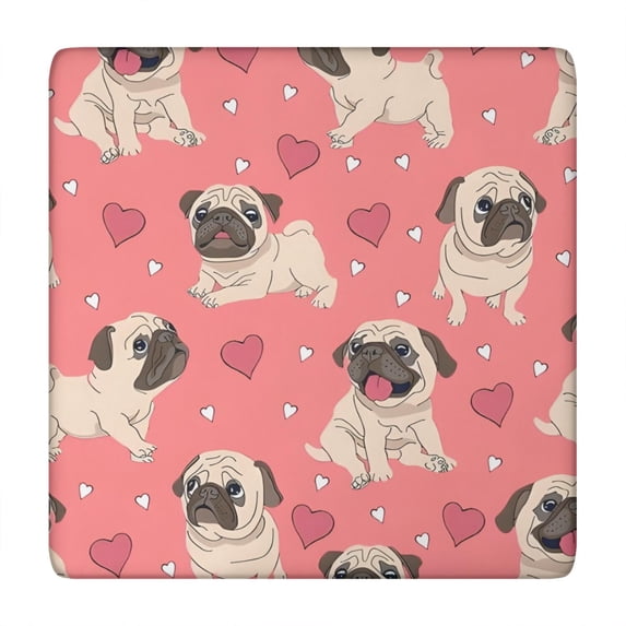 Pug and Love Heart Square Fitted Tablecloth with Elastic Edge,Square Table Cover,Washable Elastic Table Cover for Home Kitchen Party Decor 34"x34"