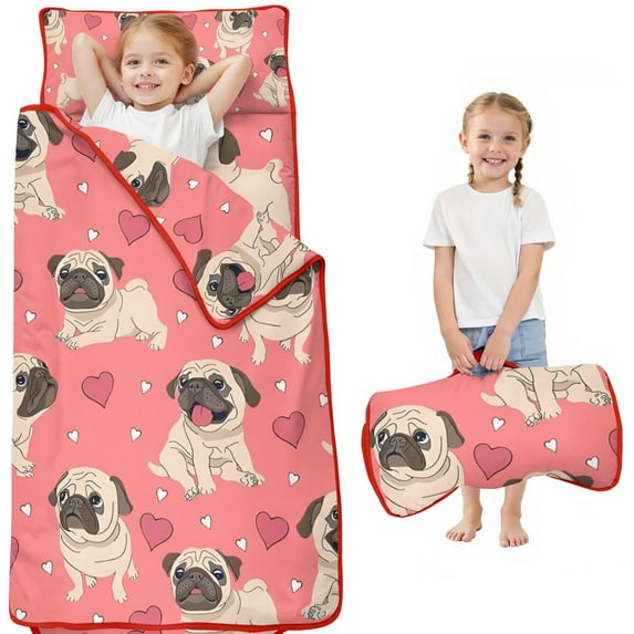 Pug and Love Heart Toddler Nap Mats for Kids Preschool,Sleeping Mat Bag or Kids,Toddler Sleeping Bag,Toddler Nap Mat or Daycare