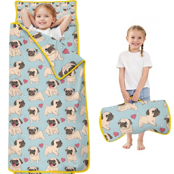 Pug and Love Heart Toddler Nap Mats for Kids Preschool,Sleeping Mat Bag or Kids,Toddler Sleeping Bag,Toddler Nap Mat or Daycare