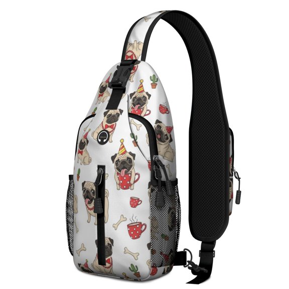 Pug and Party Hats White Pattern Sling Backpack, Casual Day Sling Pack with Earphone Port, Multi Pocket Design Gift Ideas for Hiking Cycling Walking