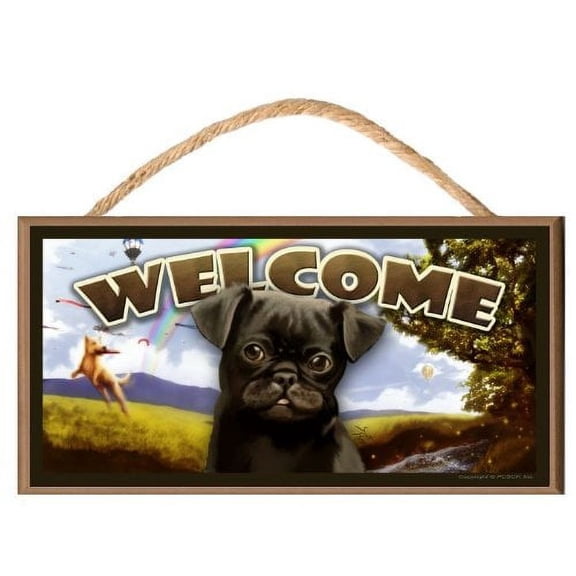 Pug (black) "A Day in the Park" Wooden Welcome Sign / Plaque featuring the Art of Scott Rogers