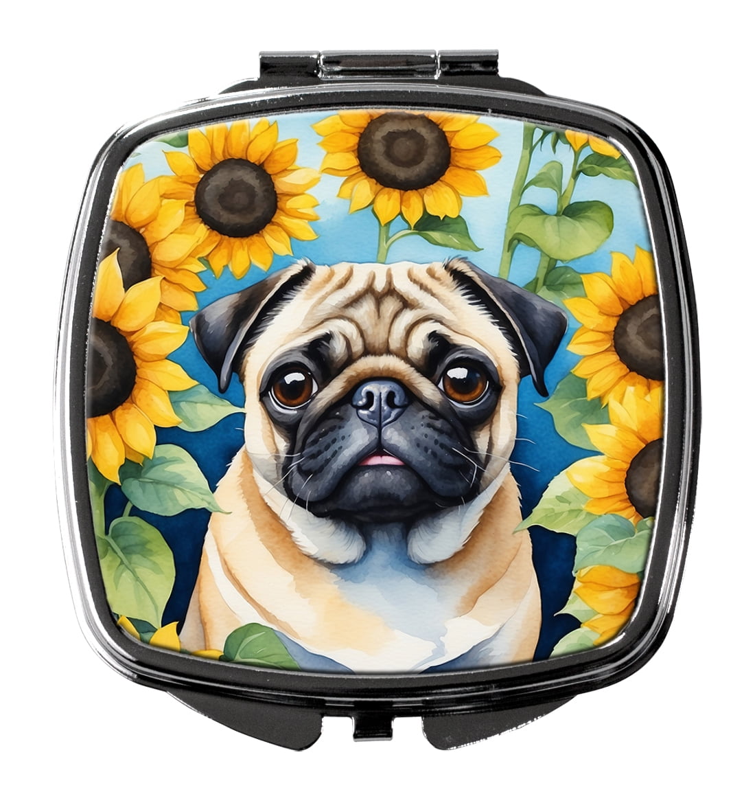 Pug in Sunflowers Compact Mirror 2.75 in x 3 in