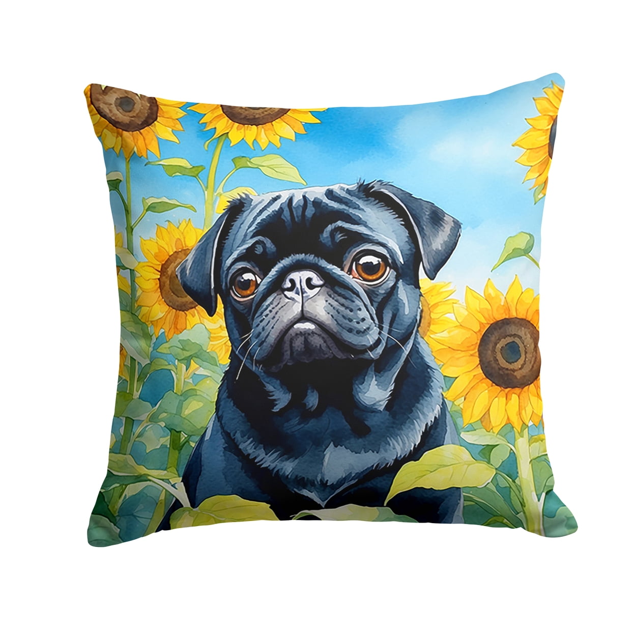 Pug in Sunflowers Throw Pillow 18 in x 18 in