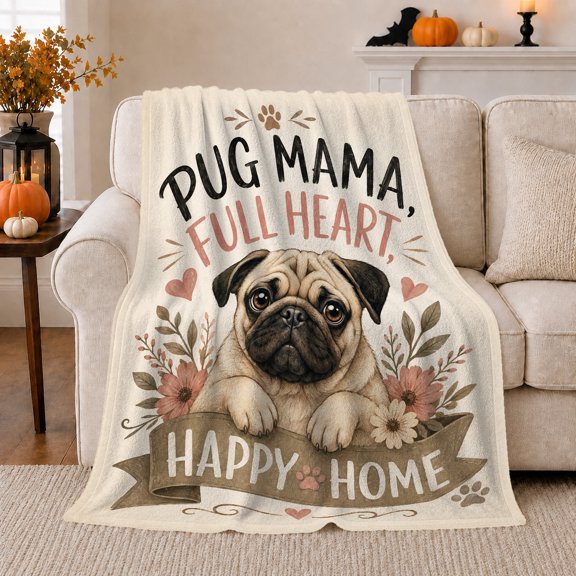 Pug person Happy Home Tan Dog Illustration Hearts, Playful Pet Portrait Pattern, Warm Flannel Blanket for Cabin and Lodge, Dog Lovers decorative theme Gift, Pet Lover Home Decor
