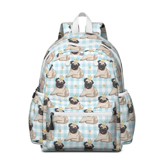 Pug with Crown Backpack for School,Cute School Bag,Schoolbag with Adjustable Shoulder Straps & Padded Back,13.4"x11"x4.7"