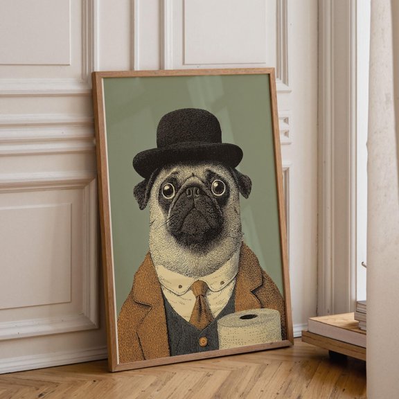 Pug with Toilet Paper Poster Anthropomorphic Animal Print, Poster Only