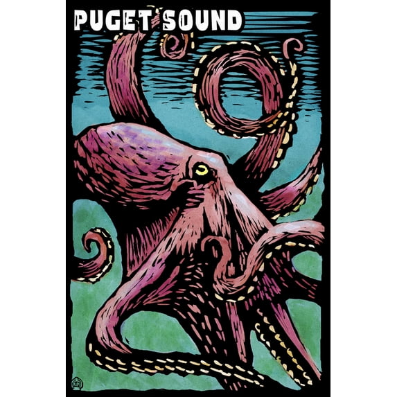 Puget Sound, Washington, Octopus, Scratchboard (12x18 Wall Art Poster, Room Decor)
