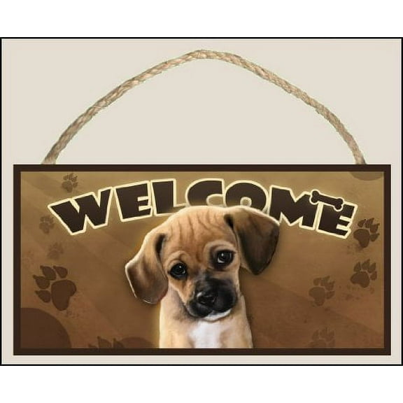 Puggle 10" x 5" Wooden Welcome Sign Featuring the Art of Scott Rogers