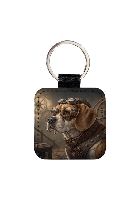 Puggle Dog Steampunk Faux Leather Square Keychain