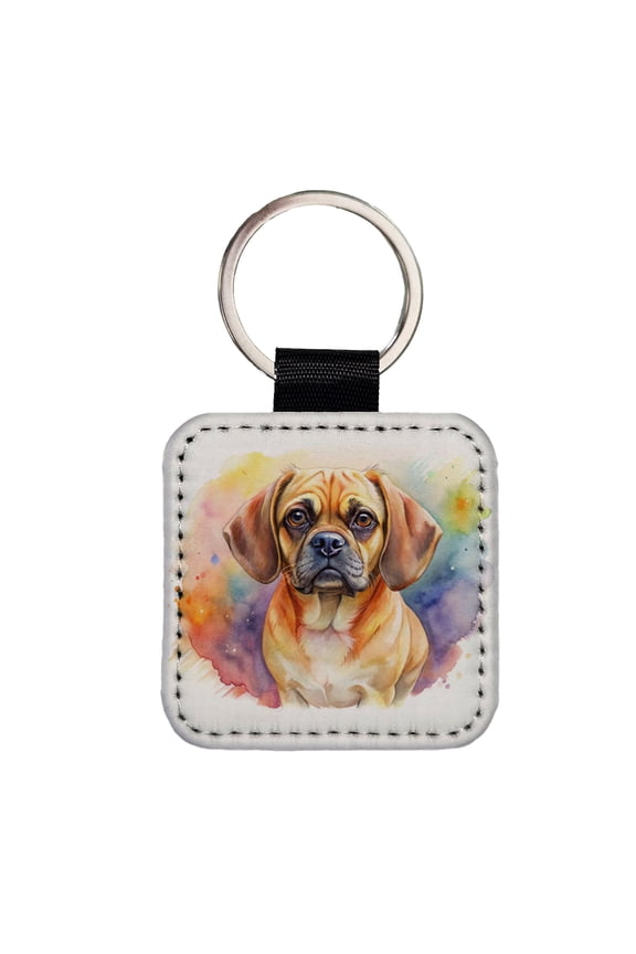 Puggle Dog Watercolor Style Faux Leather Square Keychain
