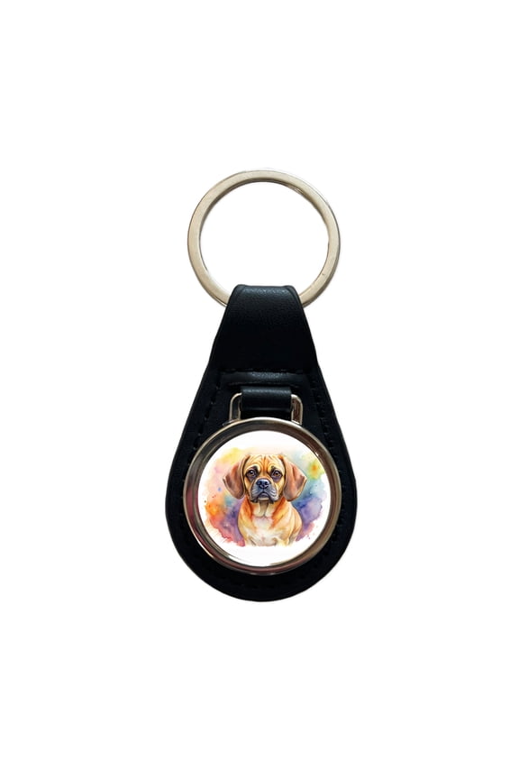 Puggle Dog Watercolor Style Metal Black Leather Keychain