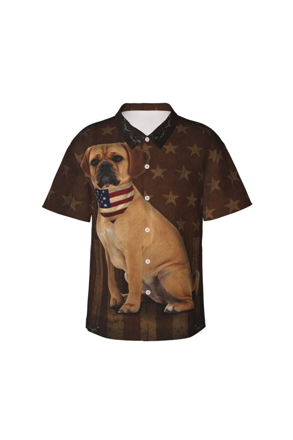 Puggle Dog With Vintage American Flag Hawaiian Shirts For Men, Summer Short-Sleeve Relaxed-Fit Button-Down Shirts X-Large