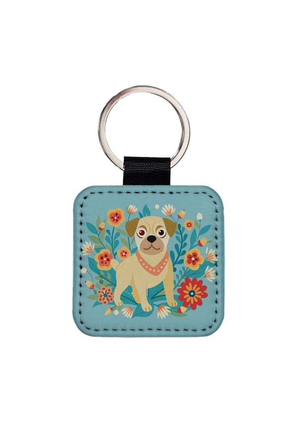 Puggle Floral Motif Blue Dog Faux Leather Square Keychain