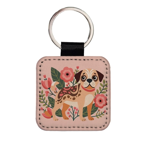 Puggle Floral Motif Pink Dog Faux Leather Square Keychain