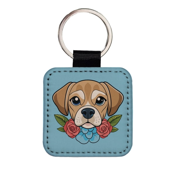 Puggle Head Floral Motif Blue Dog Faux Leather Square Keychain