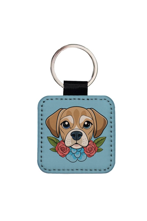 Puggle Head Floral Motif Blue Dog Faux Leather Square Keychain