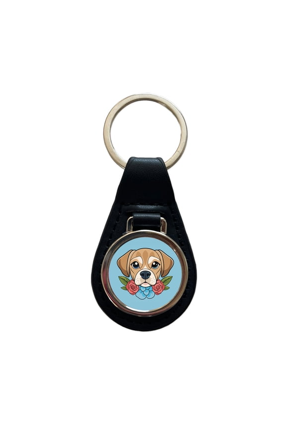 Puggle Head Floral Motif Blue Dog Metal Black Leather Keychain