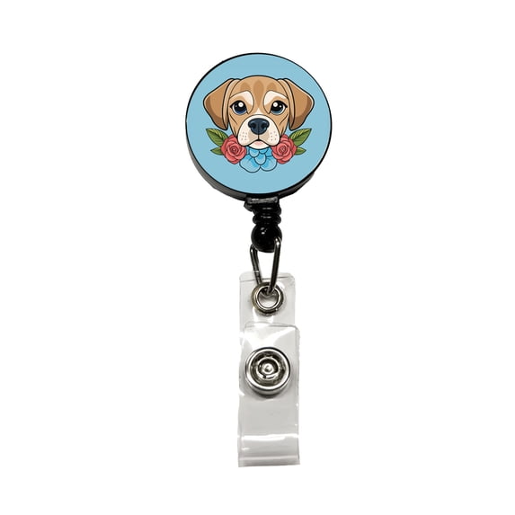 Puggle Head Floral Motif Blue Dog Retractable Reel ID Badge Key Card Name Tag Holder with Clip