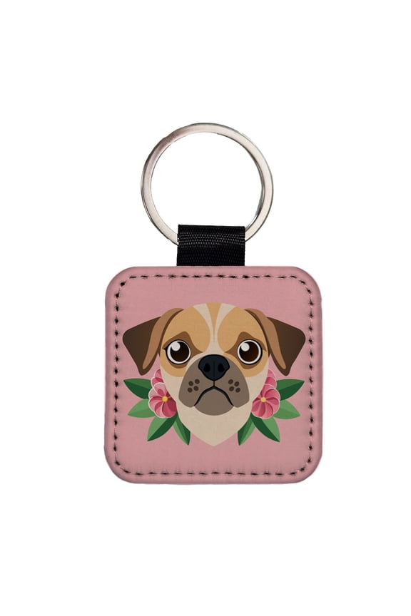 Puggle Head Floral Motif Pink Dog Faux Leather Square Keychain