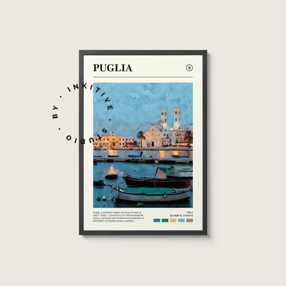 Puglia Italy Watercolor Travel Poster, Painted European Wall Art Print