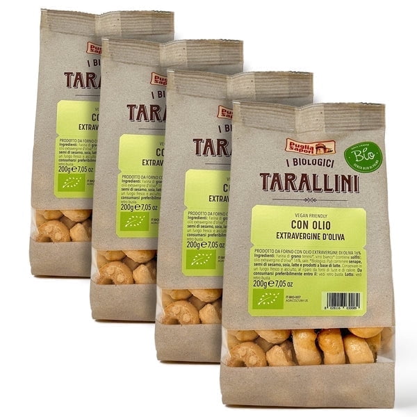 Puglia Sapori Organic Tarallini with Extra Virgin Olive Oil - 7.05oz (200 g) – Traditional Italian Snack. Mini Pretzels. Oven Baked, Cholesterol Free. Vegan (Pack of 4)