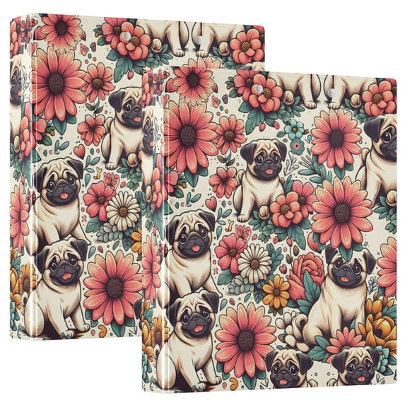 Pugs Dog and Flowers Hardcover 3 Ring Binder 1.5” Round Rings Binder Organizer Letter Size Paper Pockets School Office Supplies