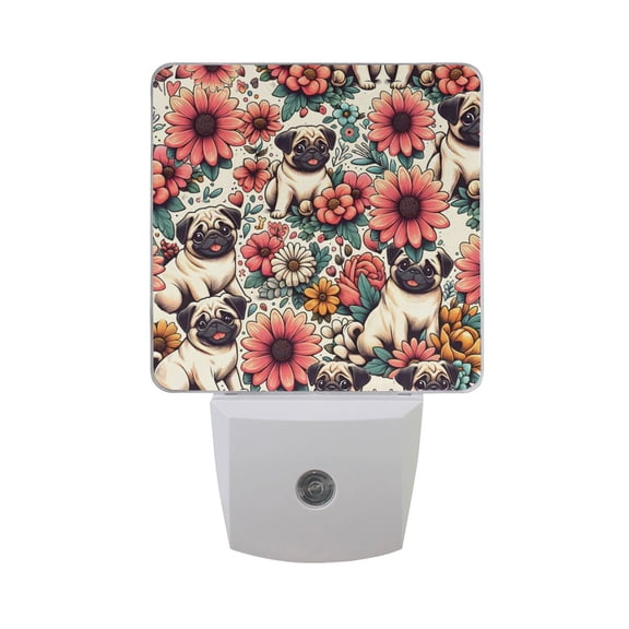 Pugs Dog and Flowers Night Light 2 Pack LED Nightlight Plug into Wall Dusk to Dawn Sensor Soft White
